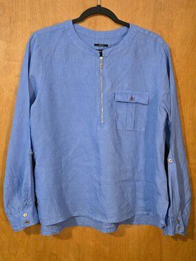 Jones & Co New York Tunic top 100% Linen Half Zip Roll Tab size Large Periwinkle